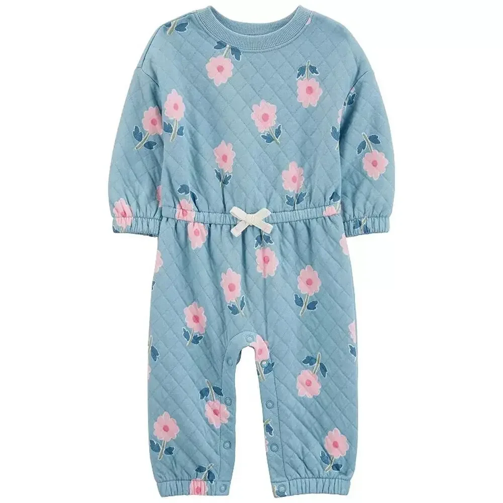 Carter's Quilted Floral Romper Baby Girl Blue Long Sleeve Snap One Piece NWT 9M